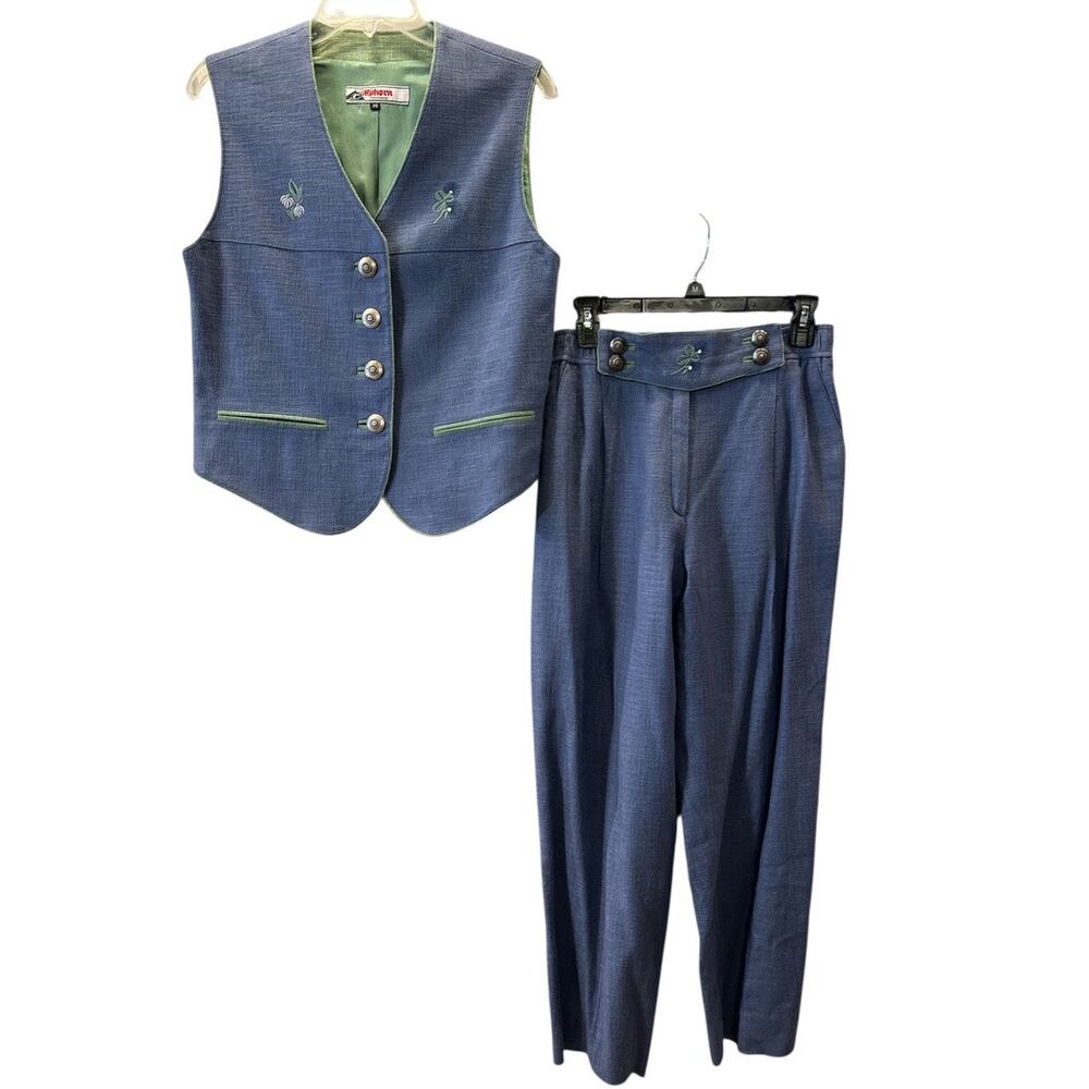 Vtg Alphorn Austria Folk Vest Waistcoat 36 Pants 38 Blue Green German Cottage